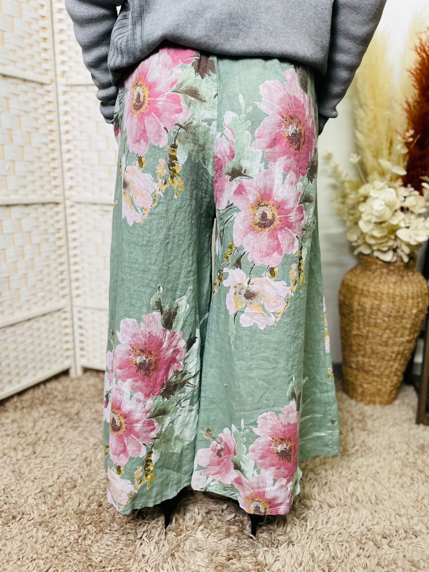 "CHERYL" Floral Print Trousers-Green