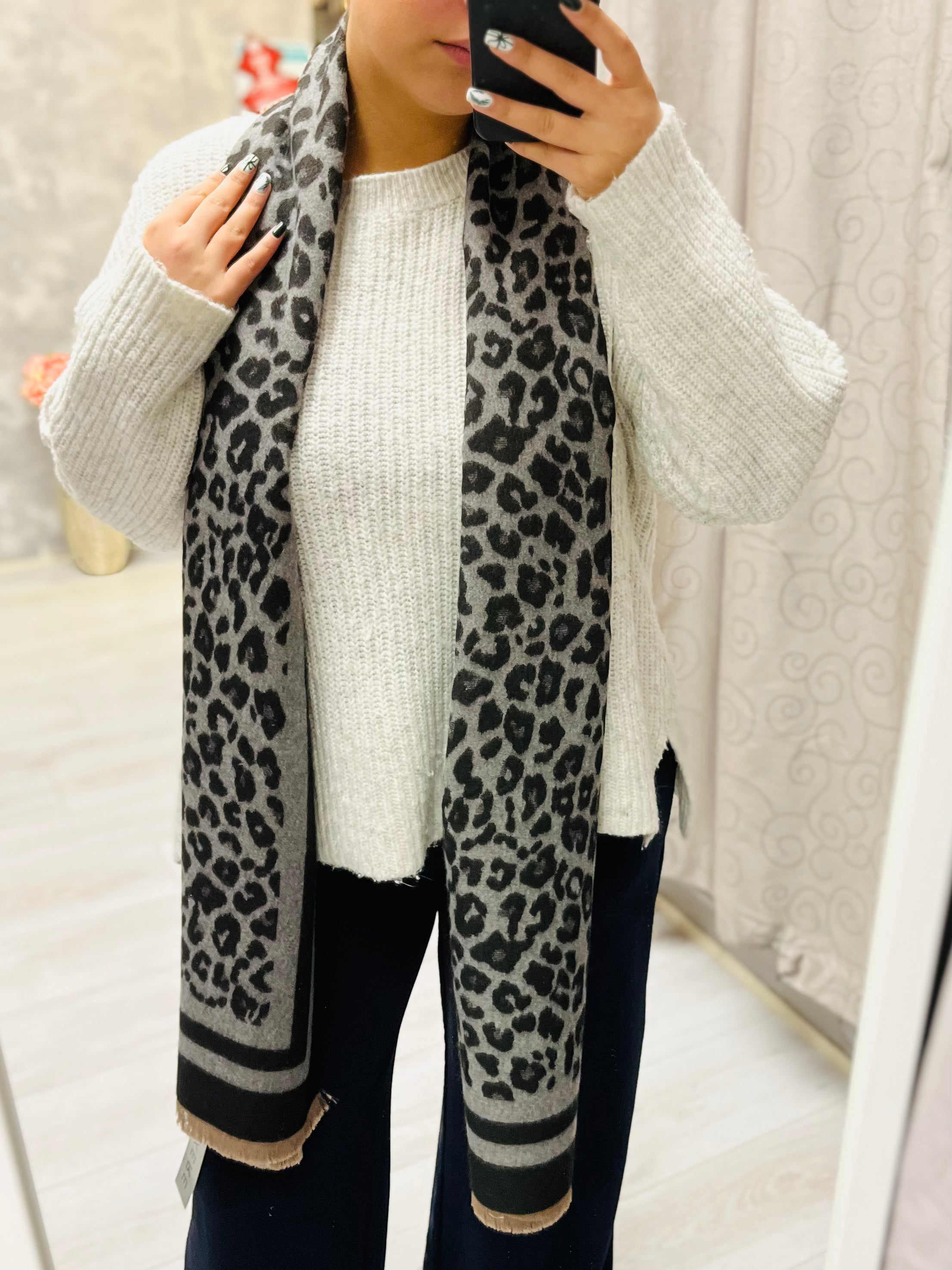 Grey Leopard Print Scarf