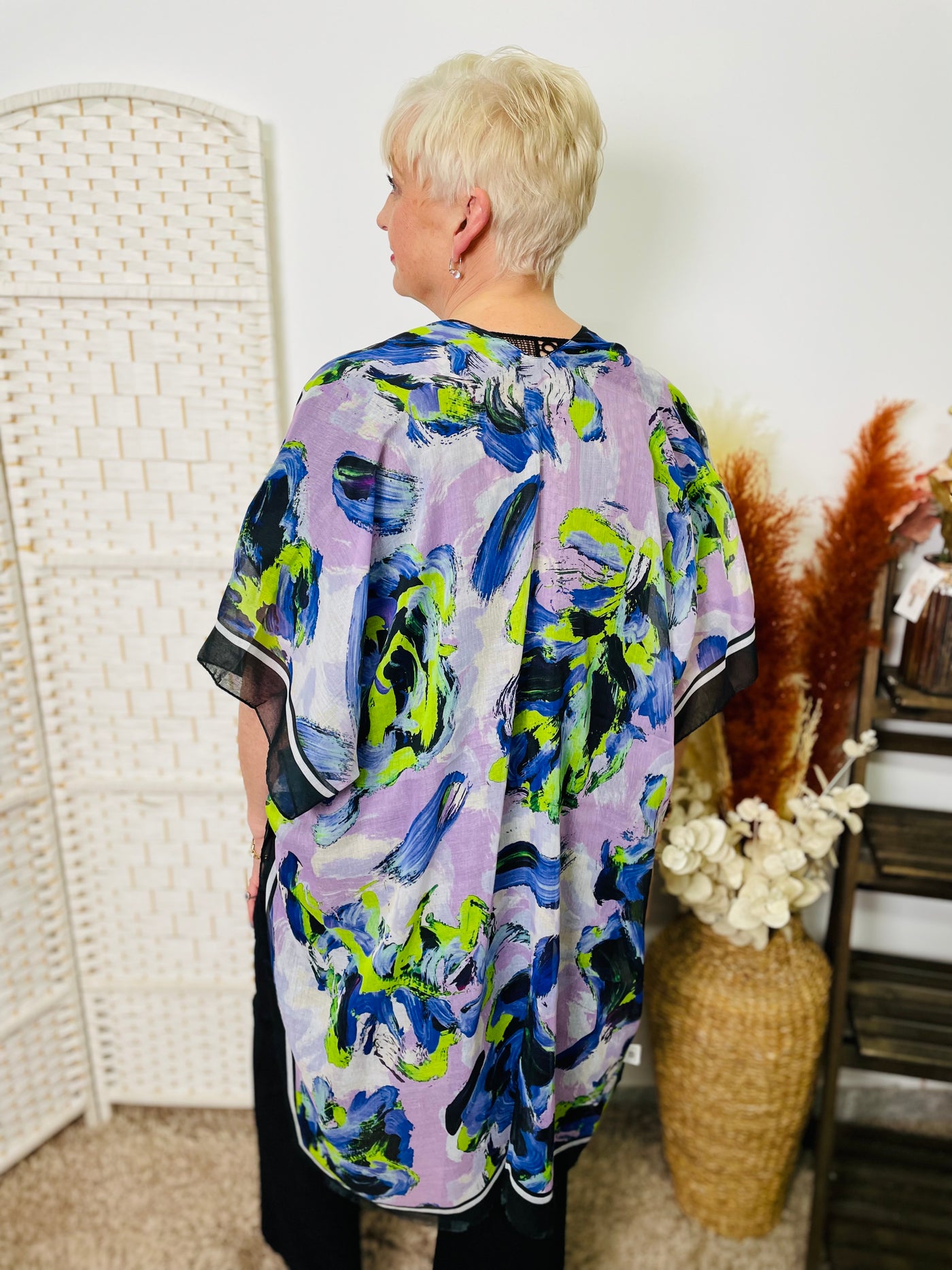 "TRIXIE" Artistic Print Kimono-Lilac/Navy & Green