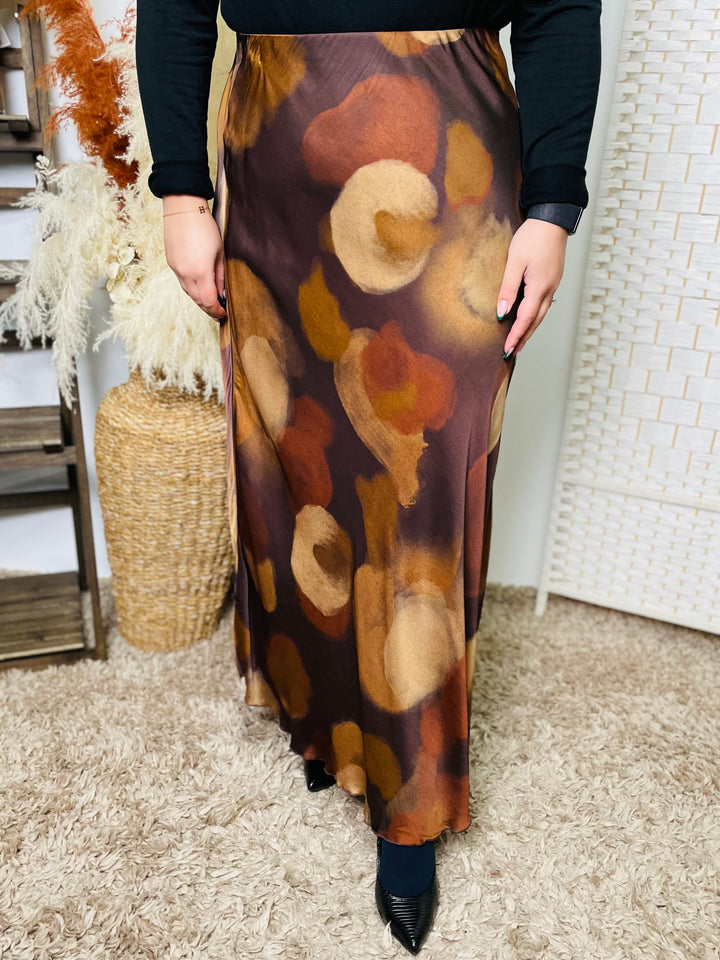 "NARA" Artistic Print Maxi Skirt-Brown