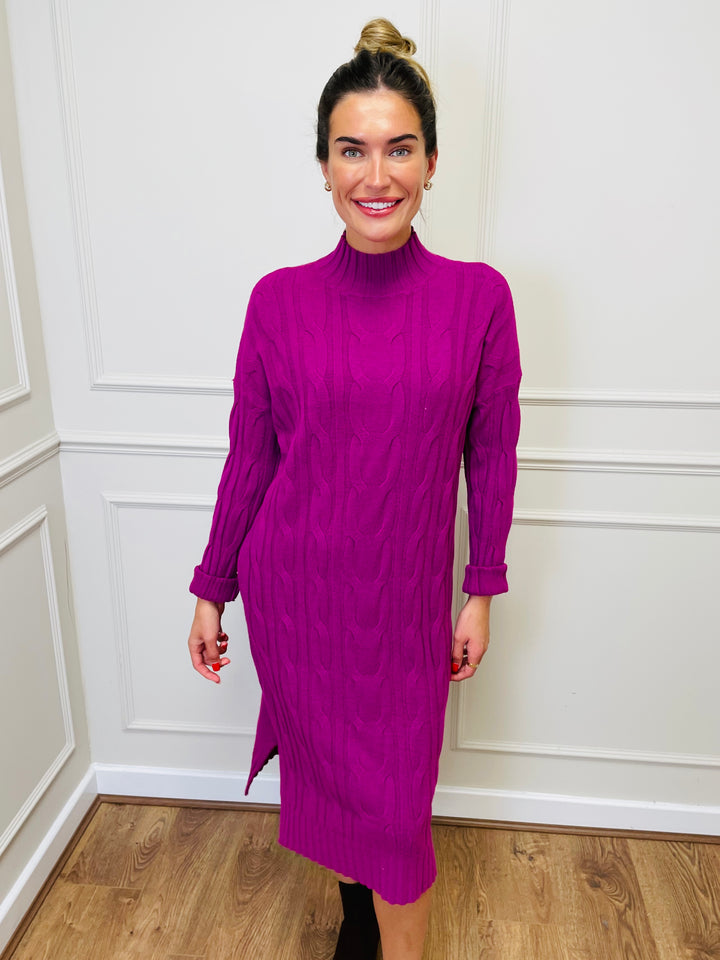 "ELY" Cable Knit Midi Dress-Magenta