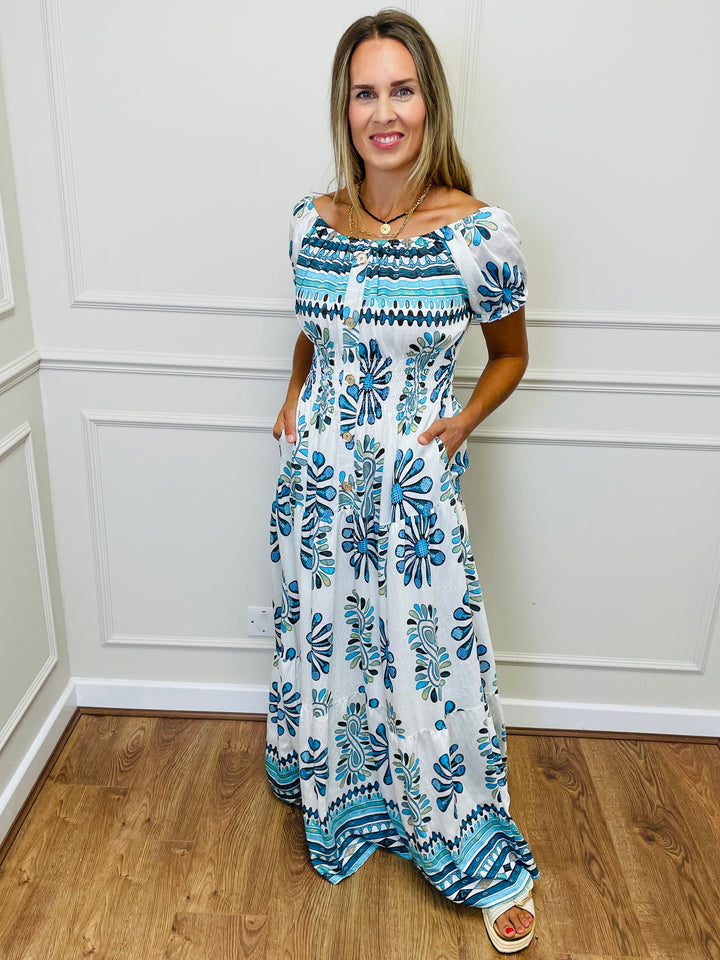 "MATILDA" Artistic Print Maxi Dress-White & Blue