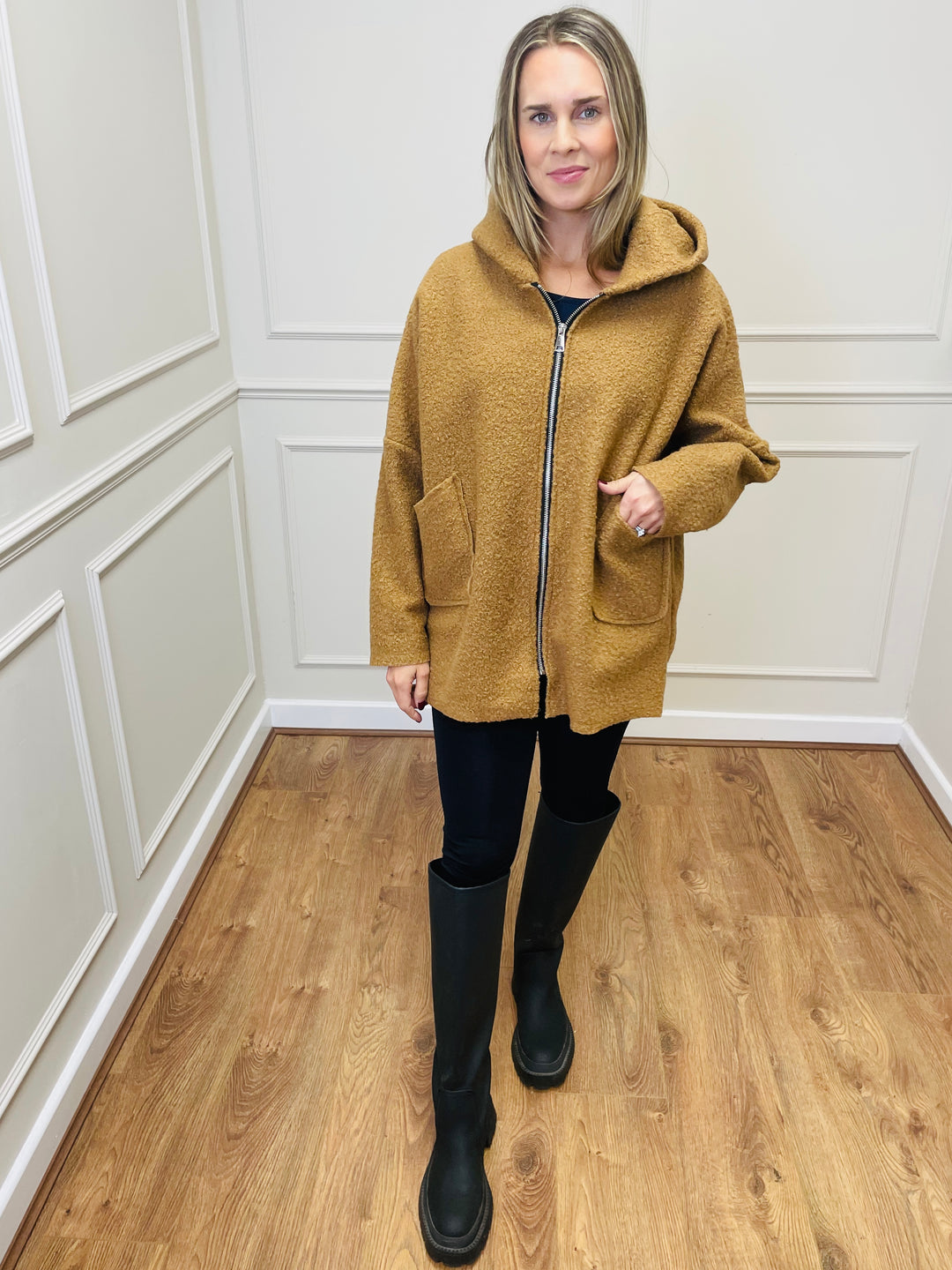 "ARLENE" Hooded Zip Coat-Camel