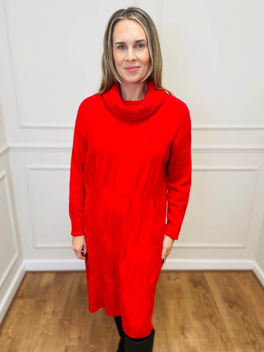 "BELINDA" Cable Knit Roll Neck Dress-Red