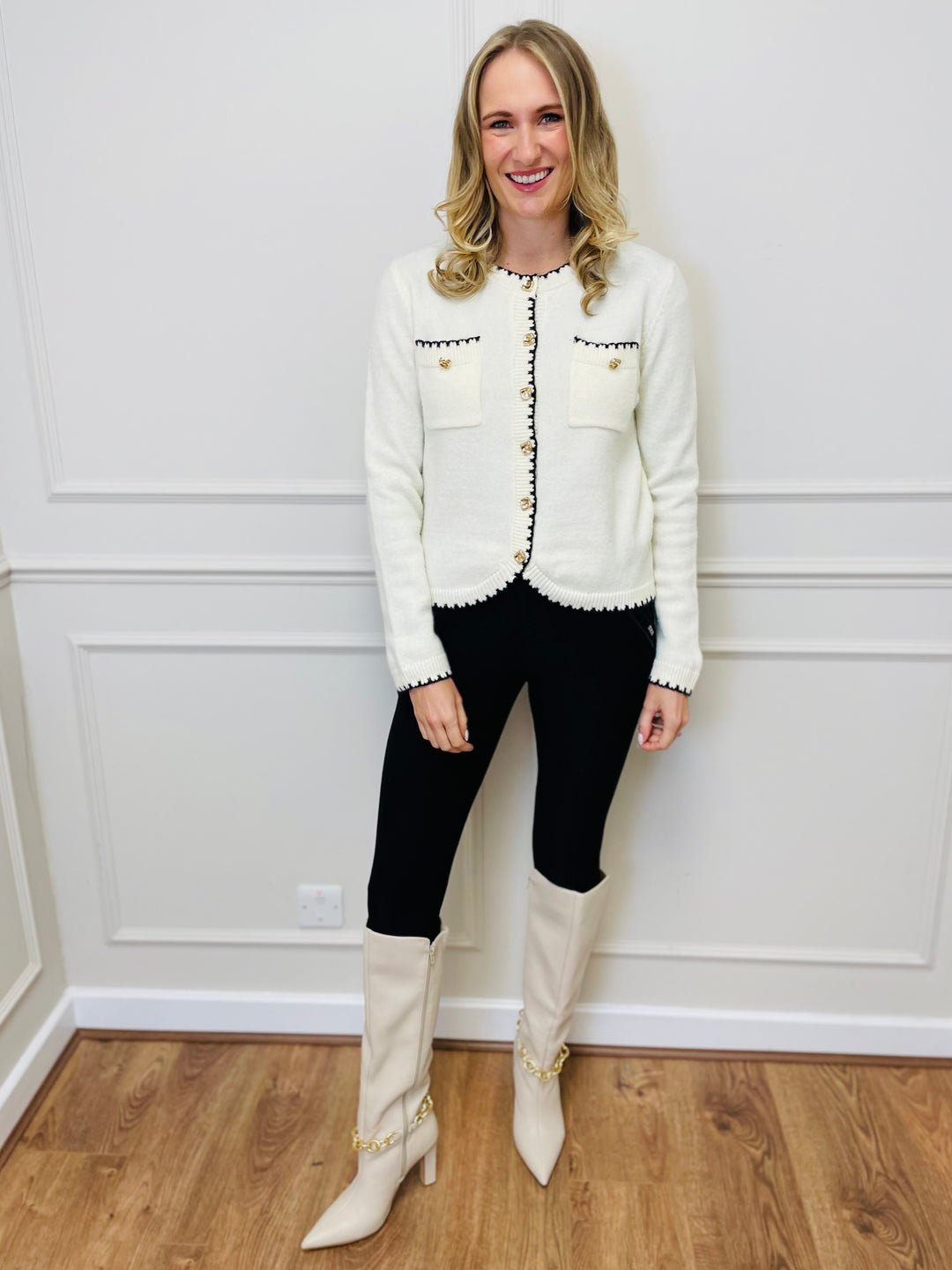 "HELENA" Two Tone Cardigan-Cream & Black