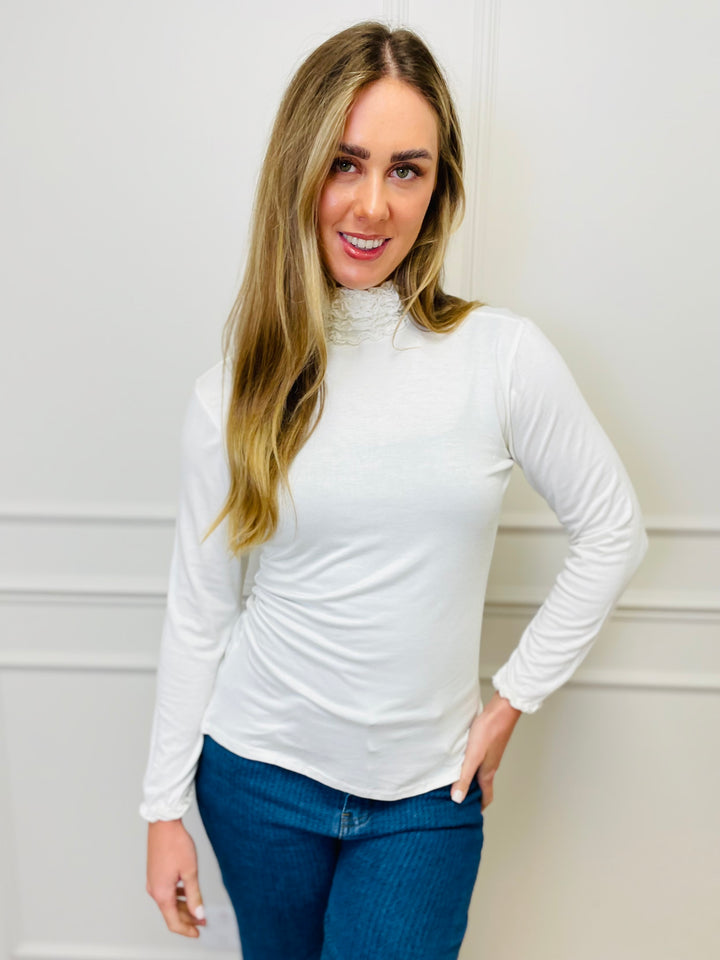 "LIVIA" Ruffle Polo Neck Top-White