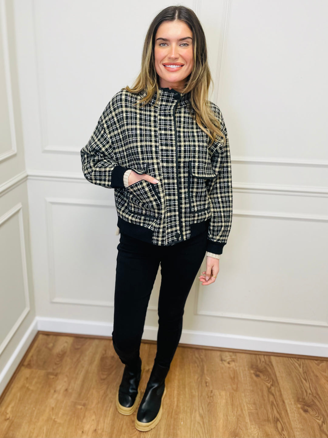 "CELINE" Checked Jacket-Black/White & Tan