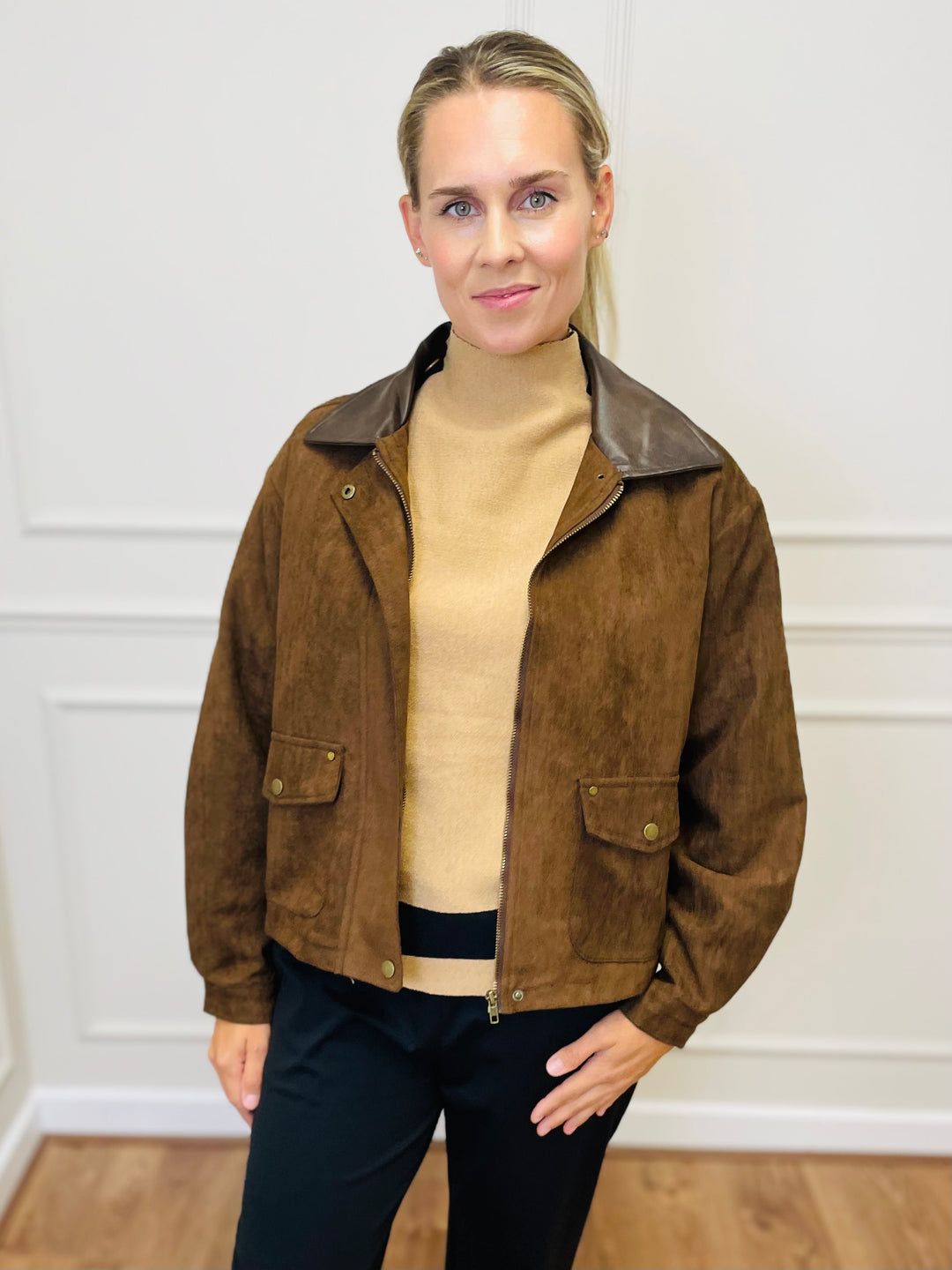 "NINA" Suede Bomber Jacket-Tan