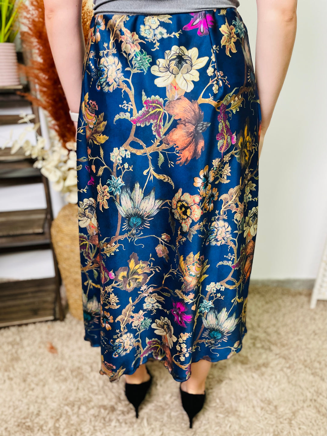 "VIVIAN" Floral Print Skirt-Navy