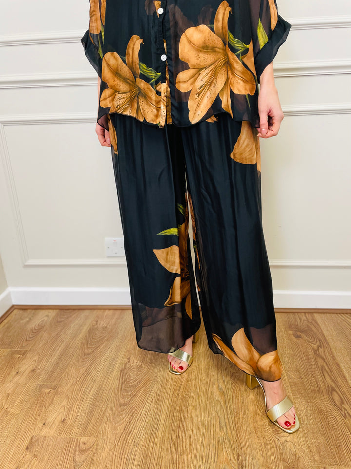 Floral Chiffon Co-Ord Set-Black & Orange