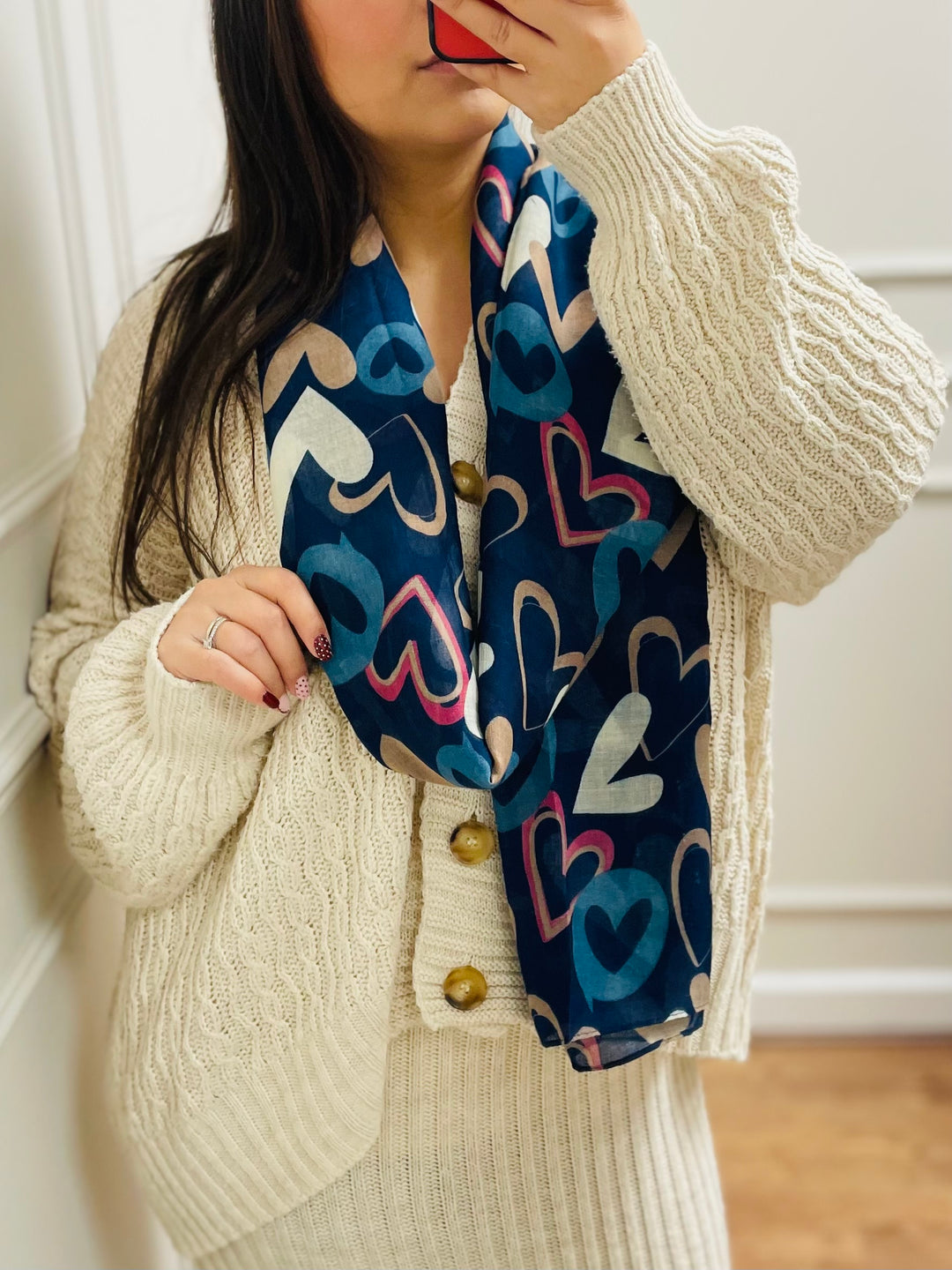 No.112 Heart Print Scarf-Navy & Cream