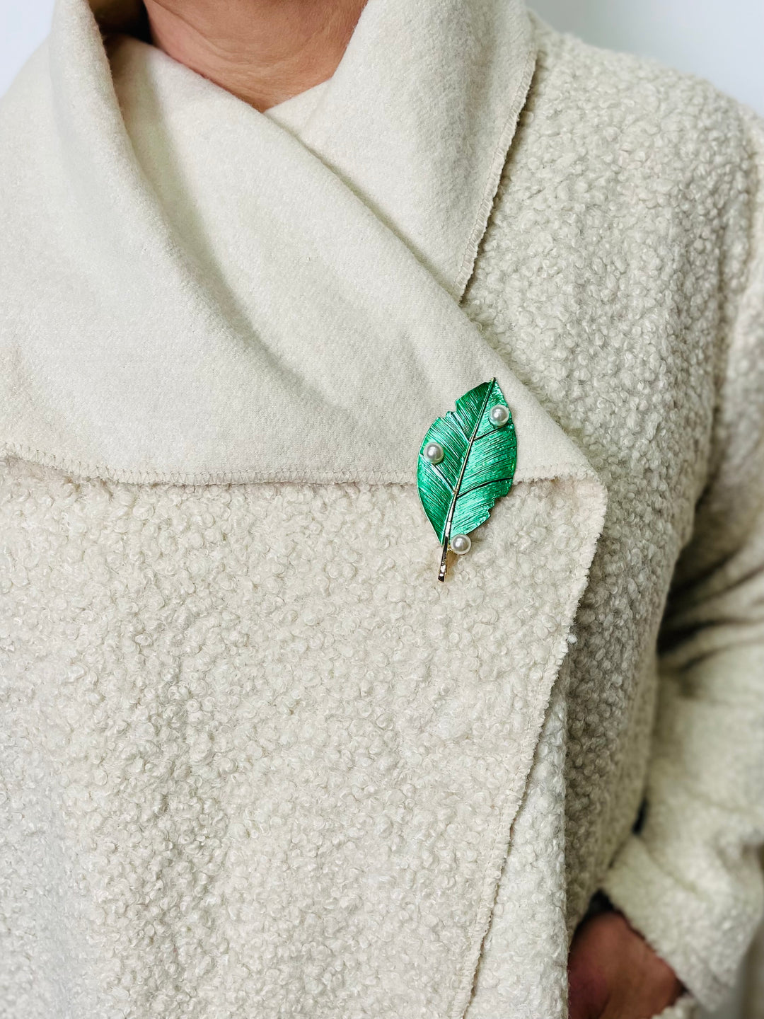 Green & Pearl Leaf Brooch