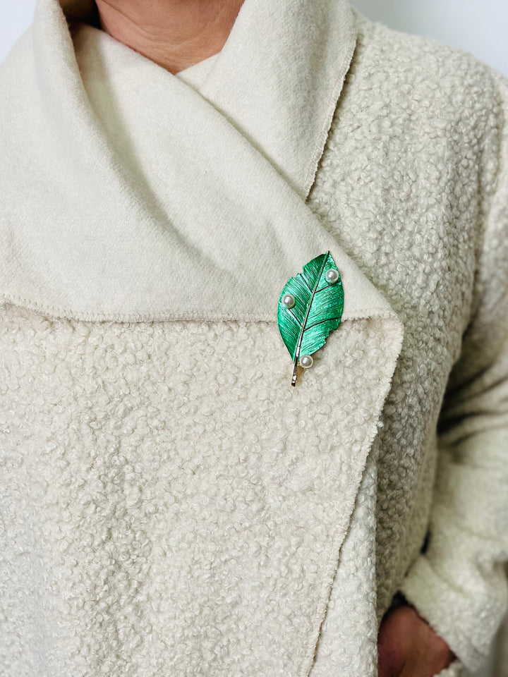 Green & Pearl Leaf Brooch