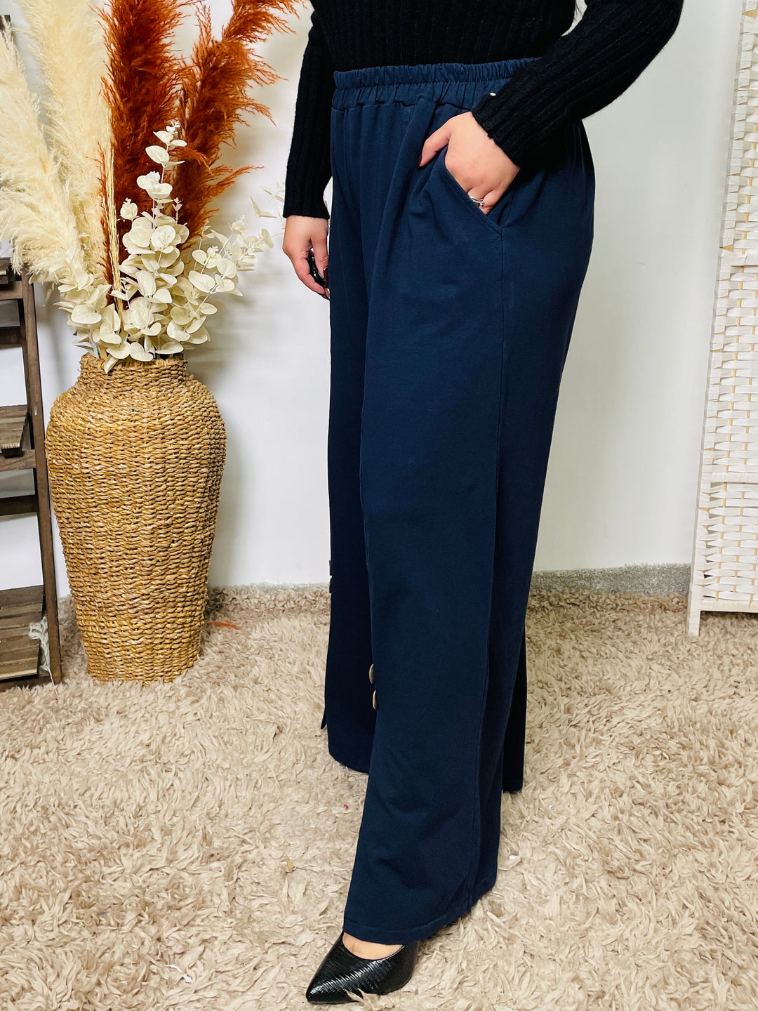 "MAGGIE" Wide Leg Cotton Trousers-Navy