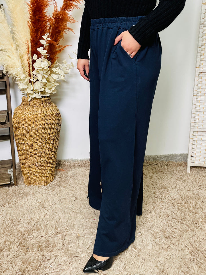 "MAGGIE" Wide Leg Cotton Trousers-Navy