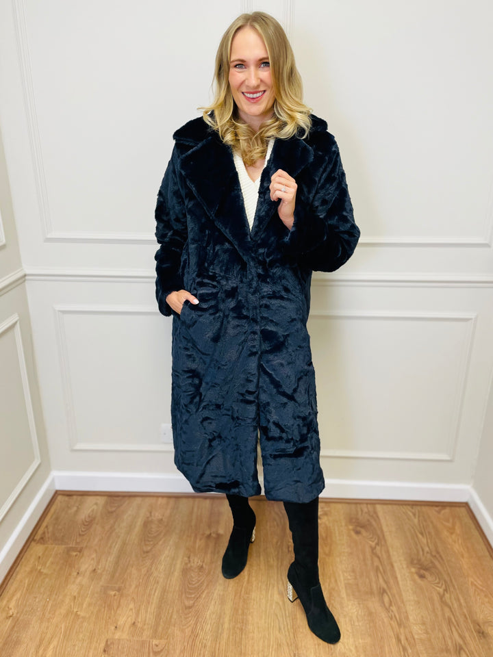 "NATALIA" Longline Fur Coat-Navy