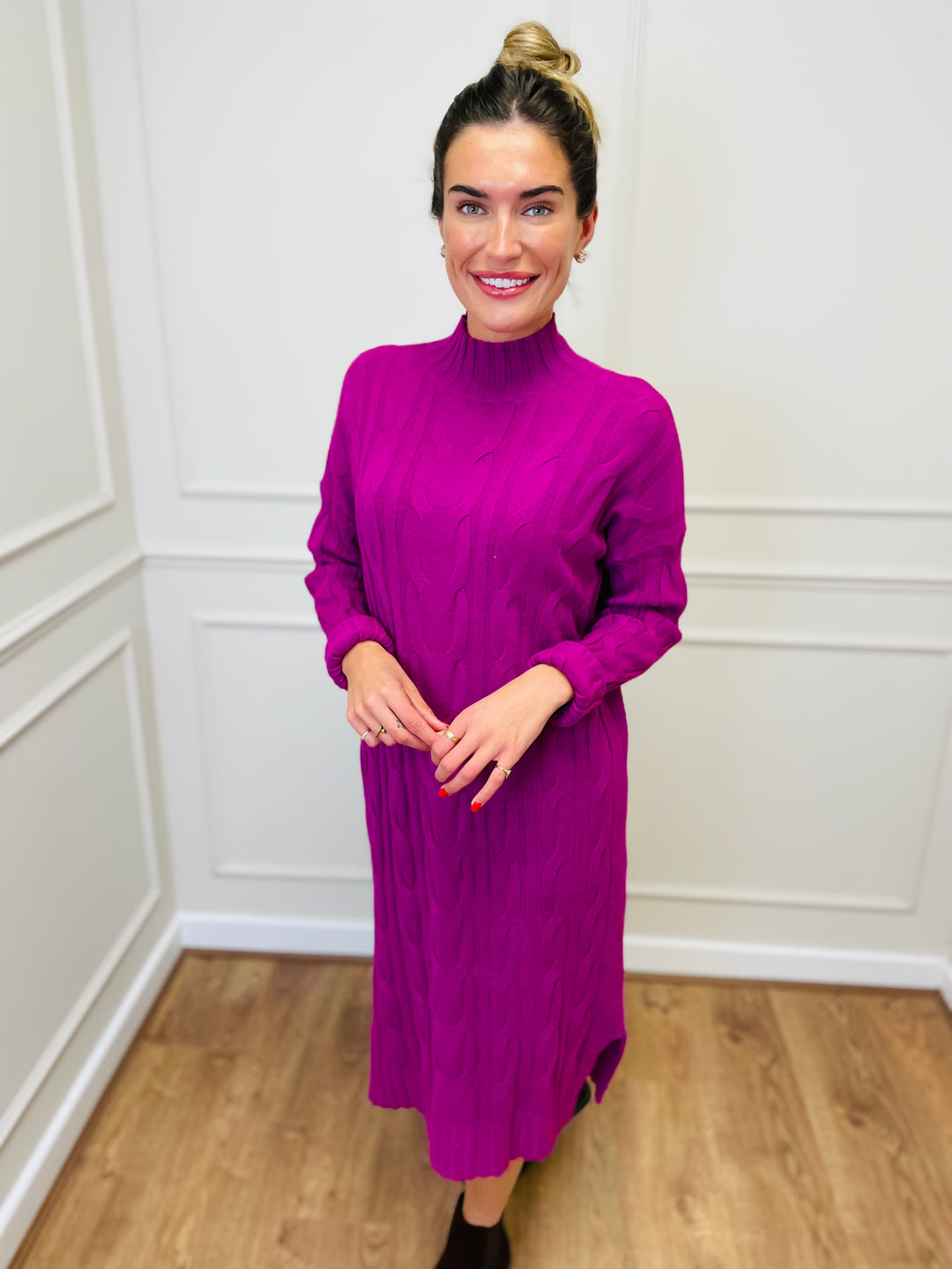 "ELY" Cable Knit Midi Dress-Magenta