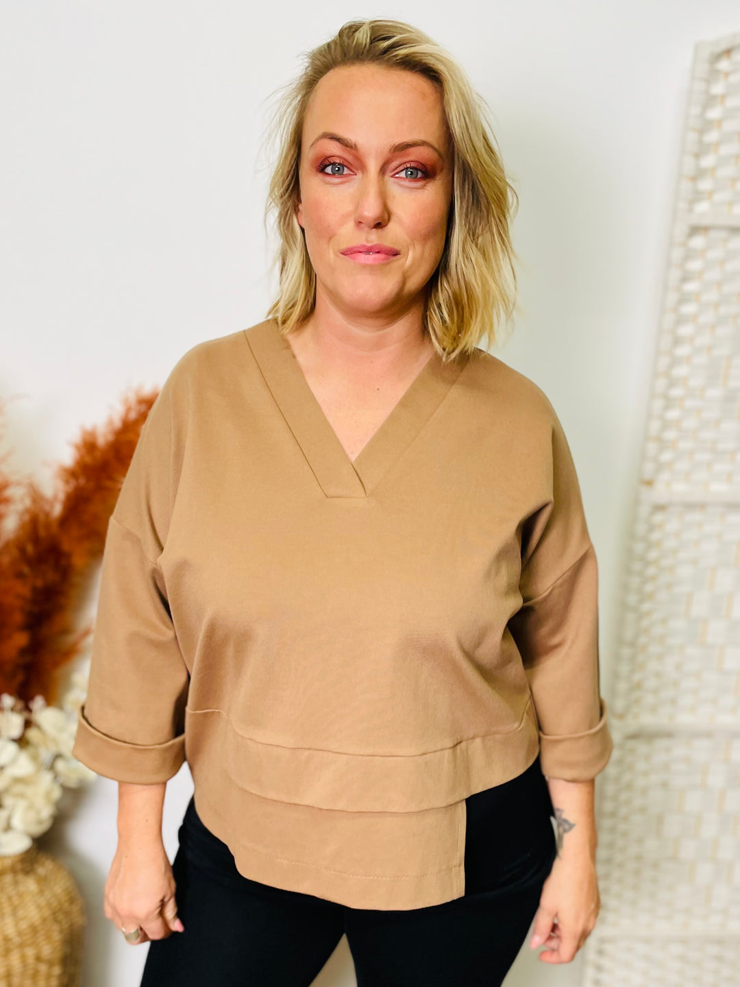 "ANDREA" Asymmetric Sweat Top-Tan