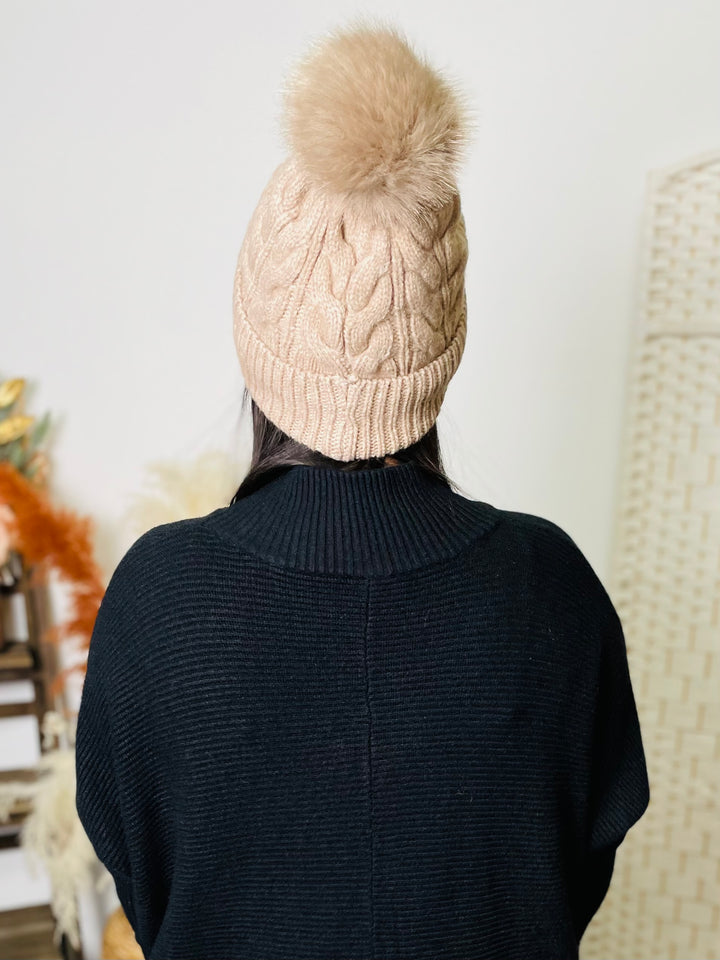 Mocha Knit Faux Fur Pom Hat