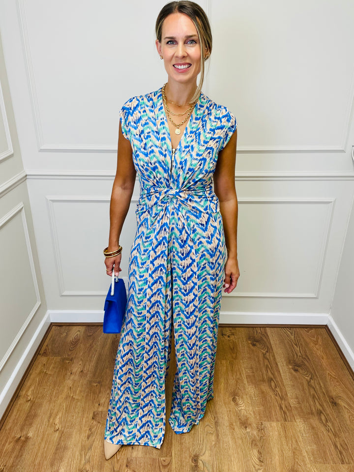 "CHLOE" Artistic Print Jumpsuit-White & Blue