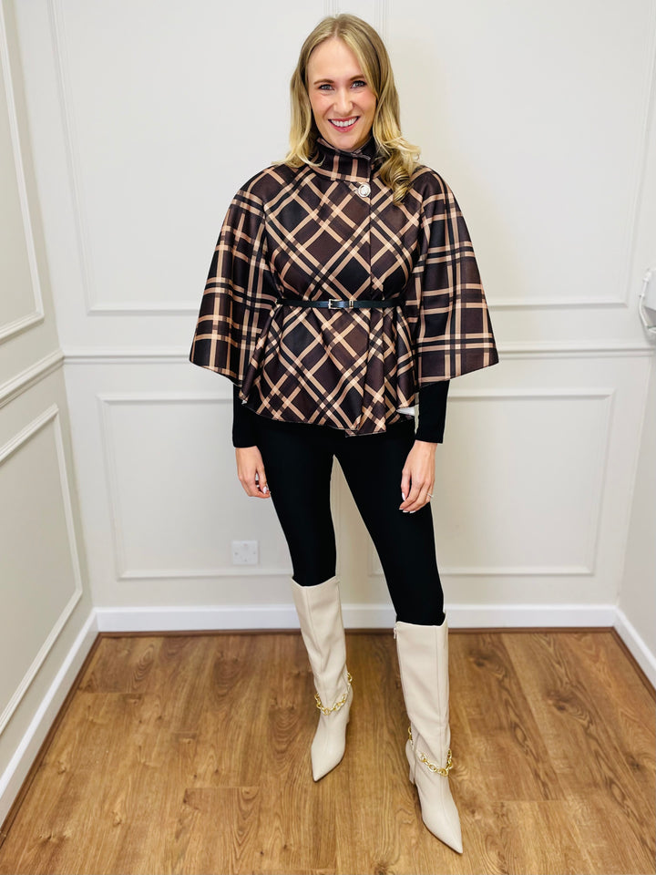"LORELAI" Check Print Cape Coat-Brown & Tan