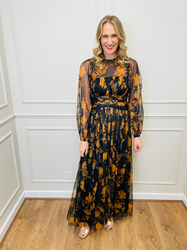 "STACEY" Chiffon Floral Dress-Black & Orange