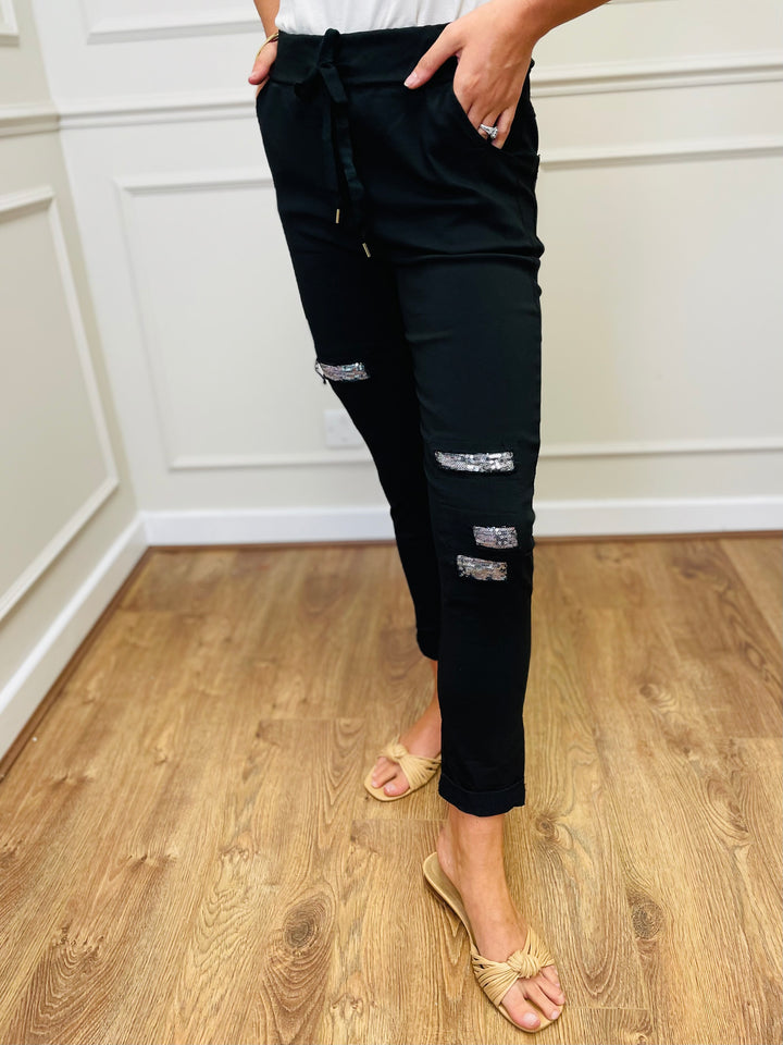 "CARMELA" Sequin Patch MAGIC Trouser-Black
