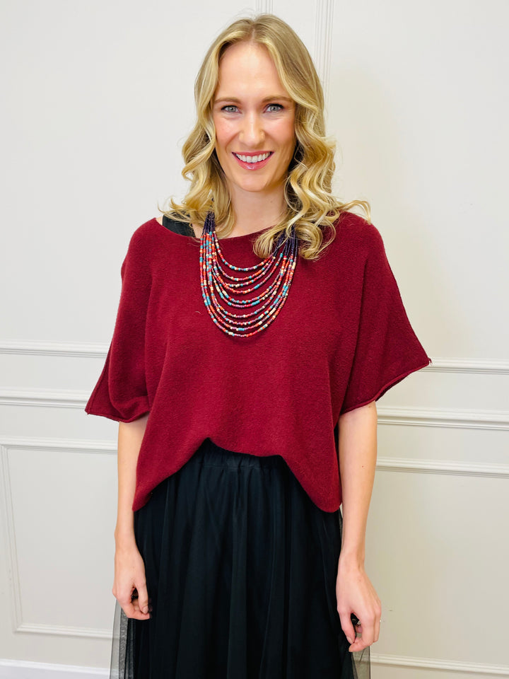 "ALICE” Short Sleeve Fine Knit-Burgundy