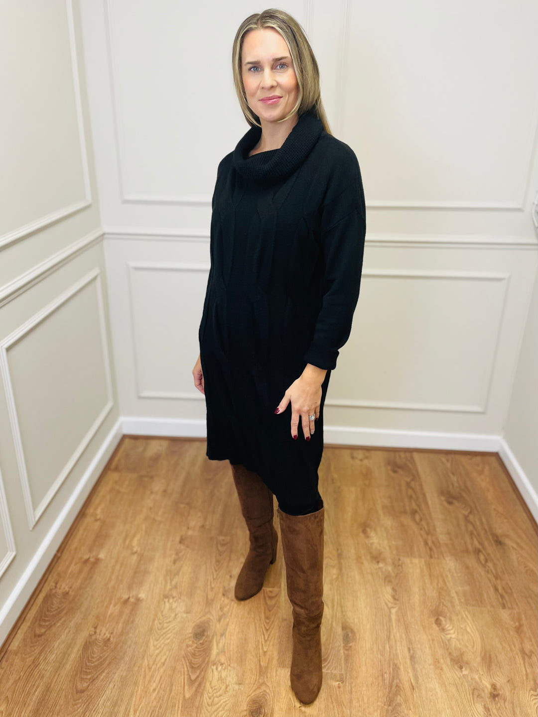 "BELINDA" Cable Knit Roll Neck Dress-Black