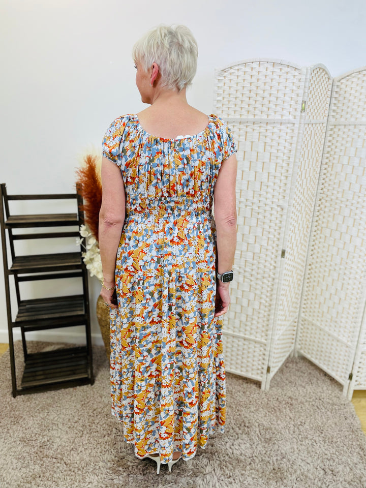 "MATILDA" Floral Print Maxi Dress-Mustard & Multicolour