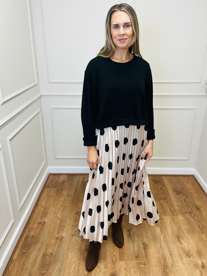 "DOTTY" Polka Dot Pleated Dress-Black & Cream