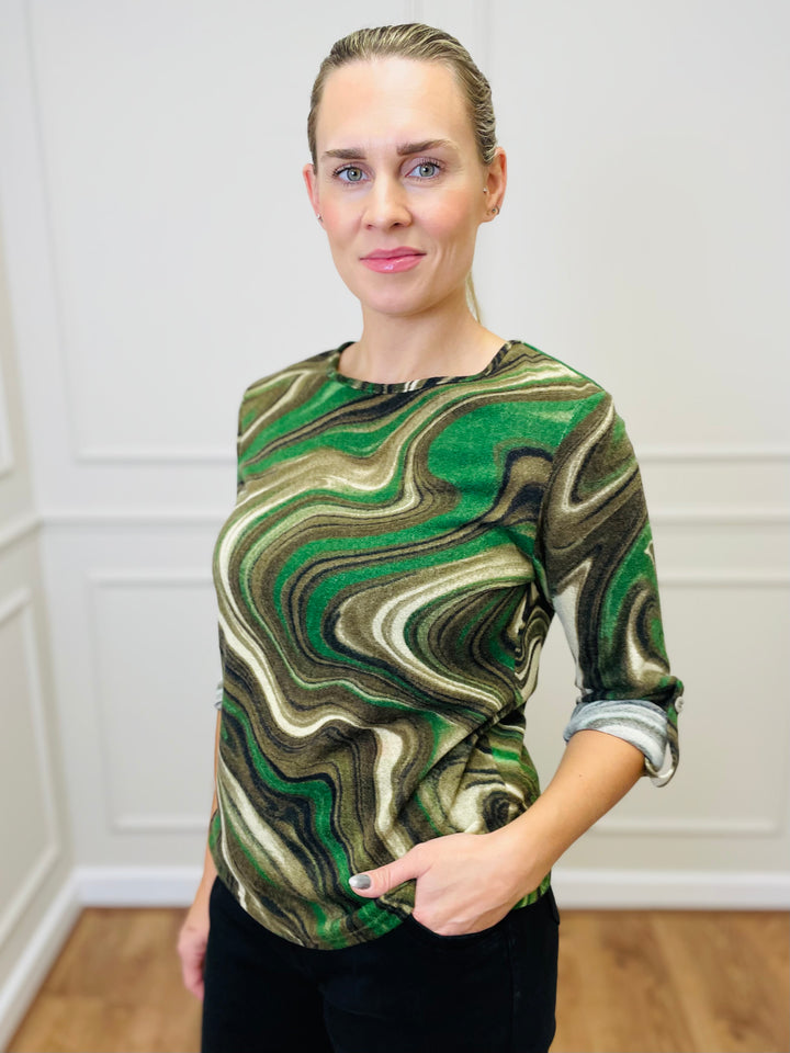 "ANNA" Printed Jersey Top-Green & Tan