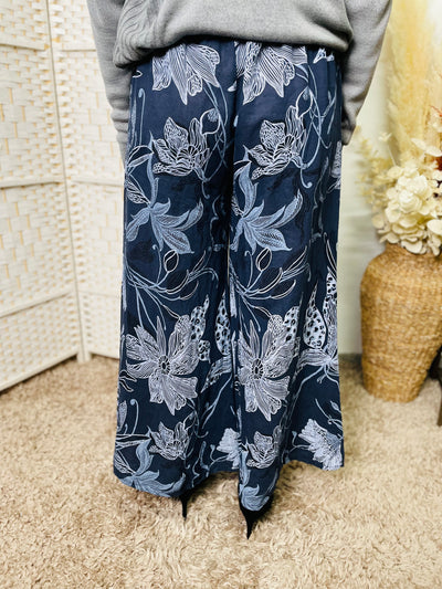 "IVY" Floral Print Trousers-Navy & White