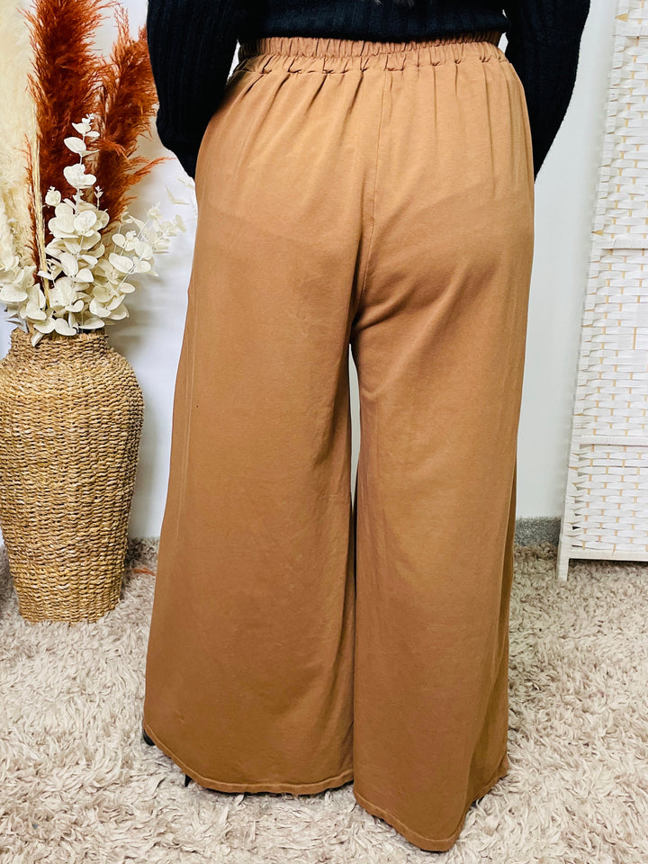 "MAGGIE" Wide Leg Cotton Trousers-Tan