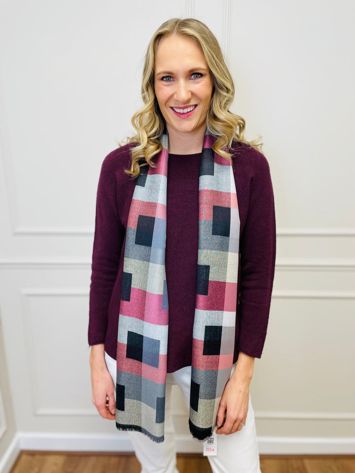 Block Print Scarf-Grey/Pink & Black