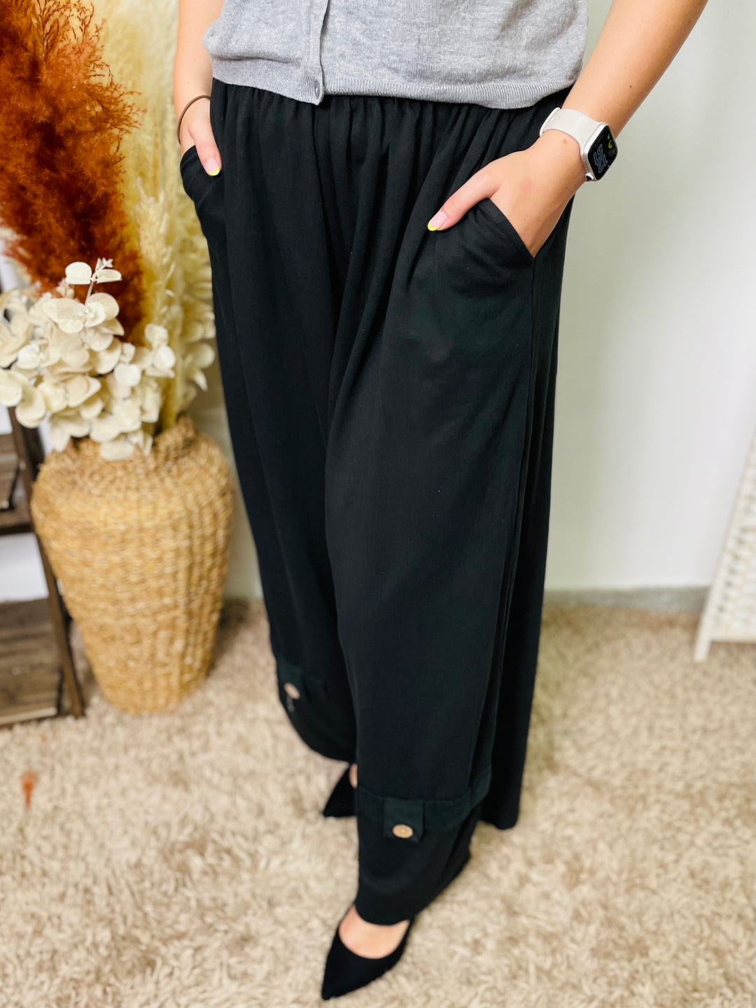 "GWEN" Wide Leg Cotton Trousers-Black