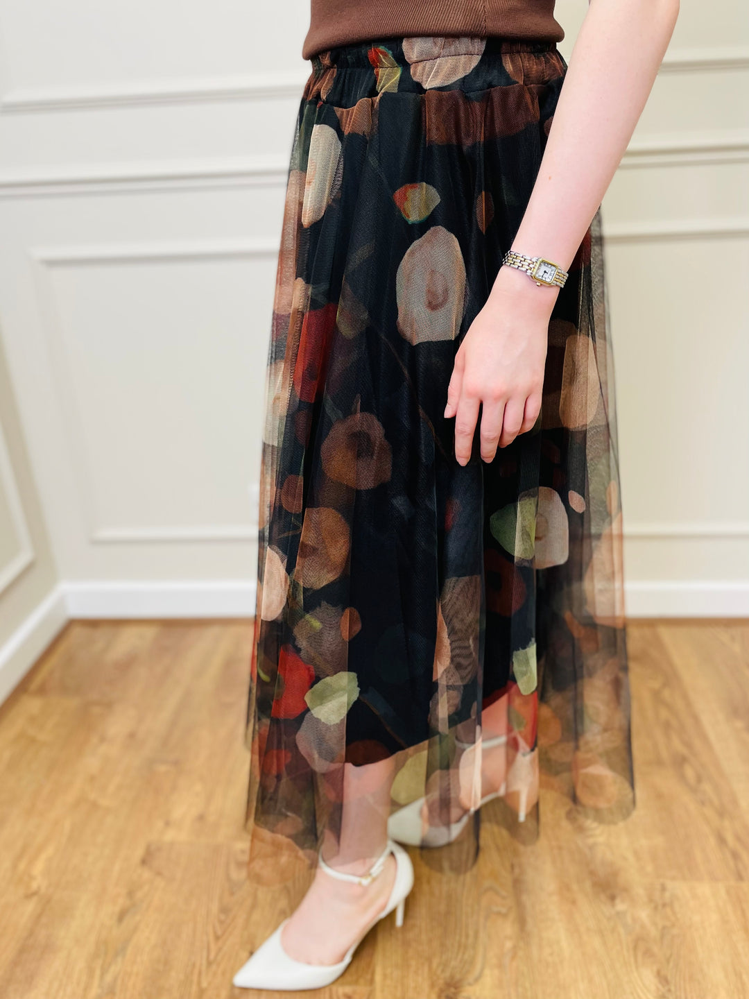 "IZZY" Floral Print Tulle Skirt-Black & Multicolour