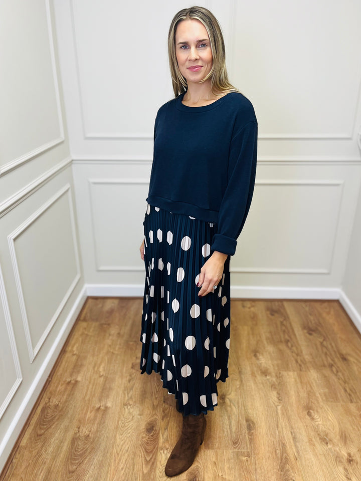 "DOTTY" Polka Dot Pleated Dress-Navy & Cream