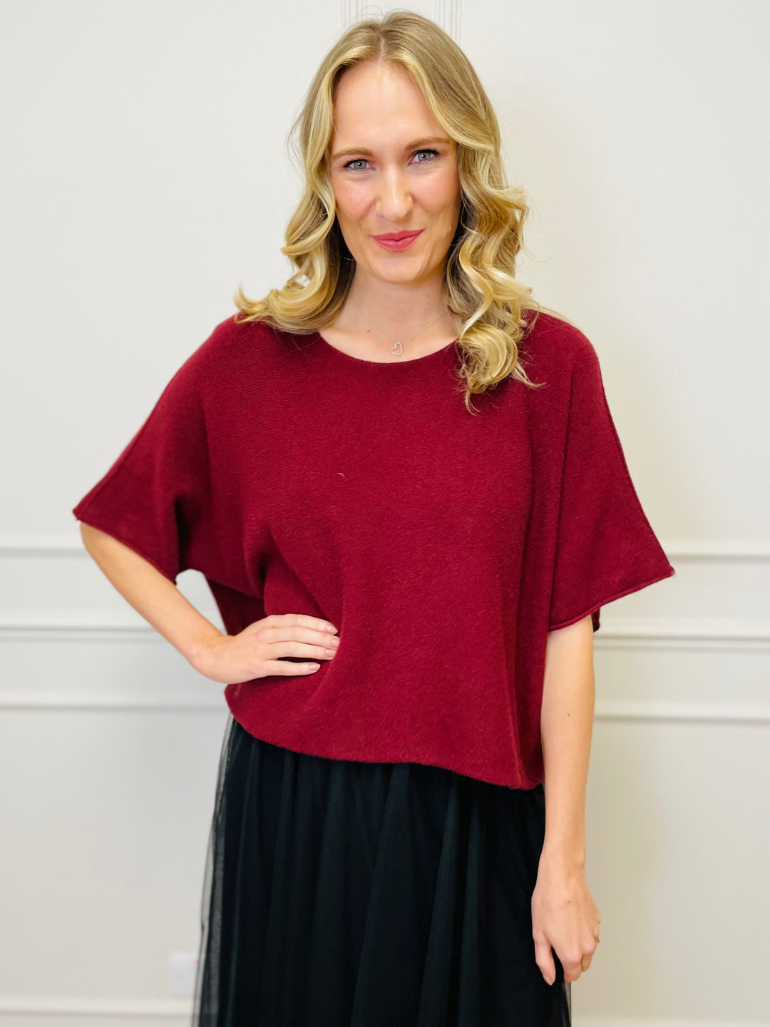 "ALICE” Short Sleeve Fine Knit-Burgundy