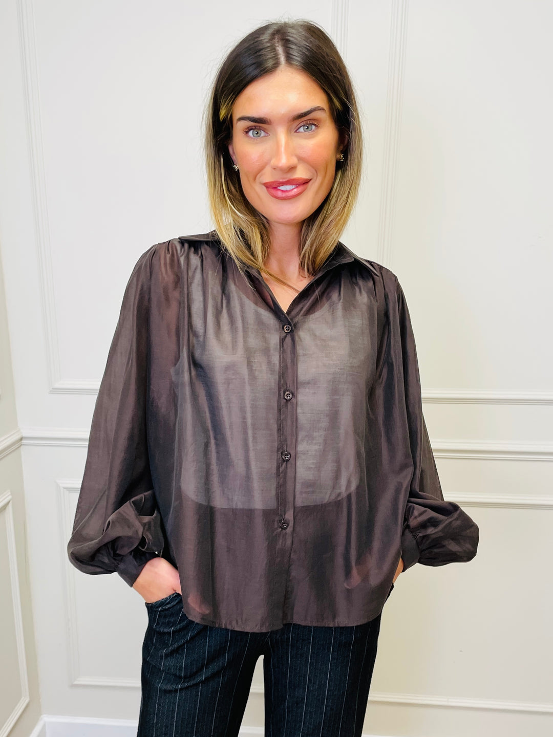 "AMELIA” Sheer Shirt-Brown