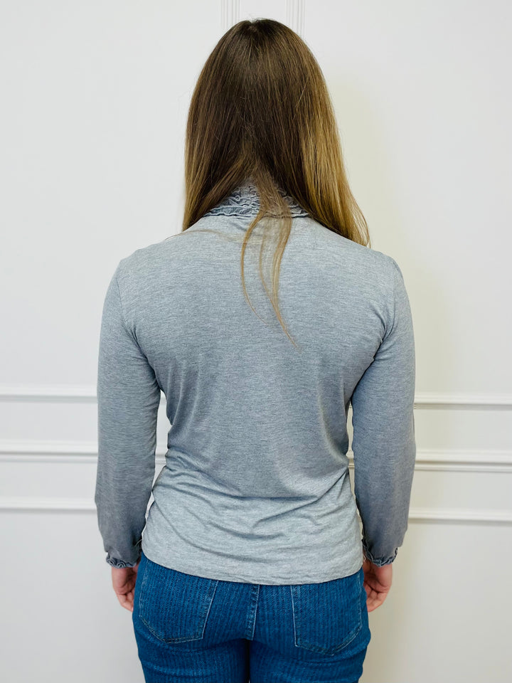 "LIVIA" Ruffle Polo Neck Top-Silver