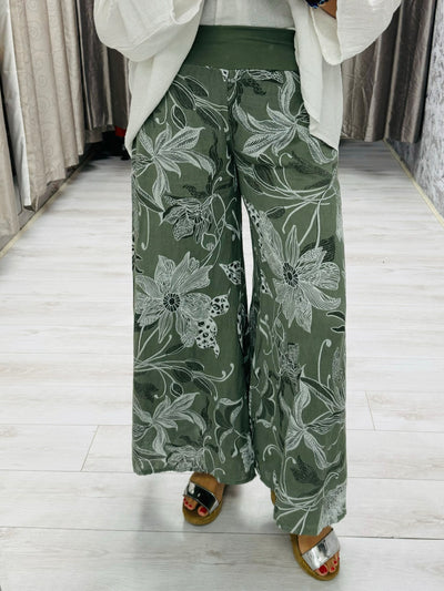 "IVY" Floral Print Trousers-Green & White