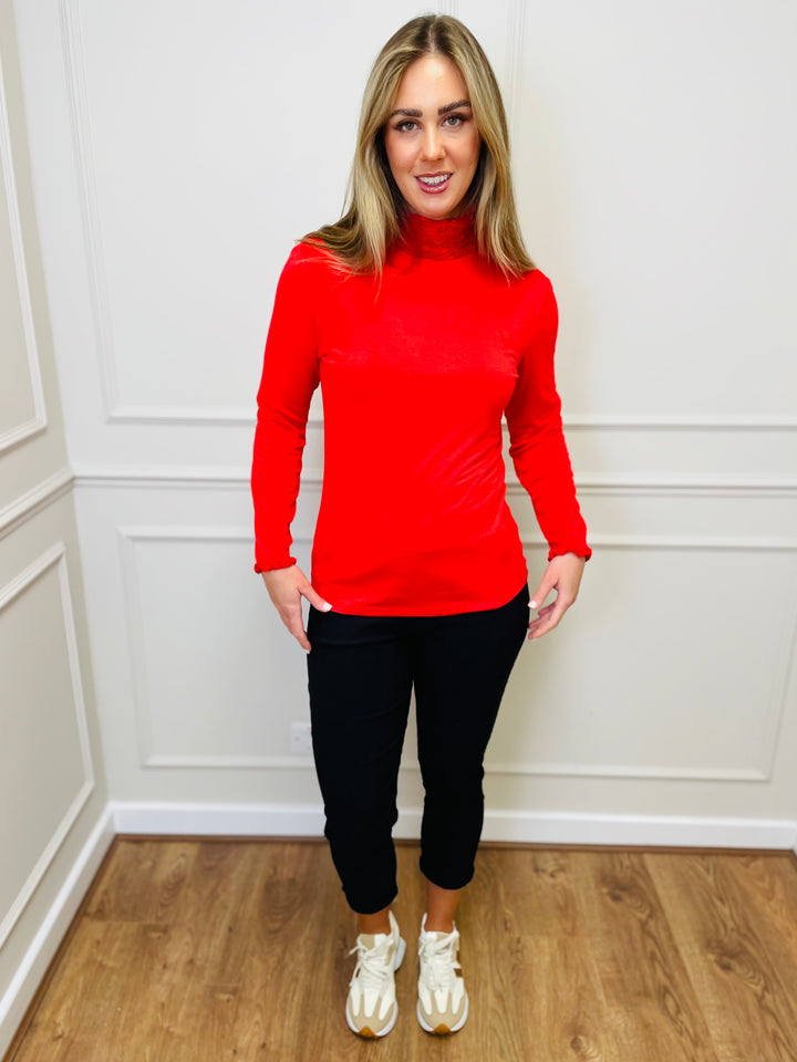 "LIVIA" Ruffle Polo Neck Top-Red