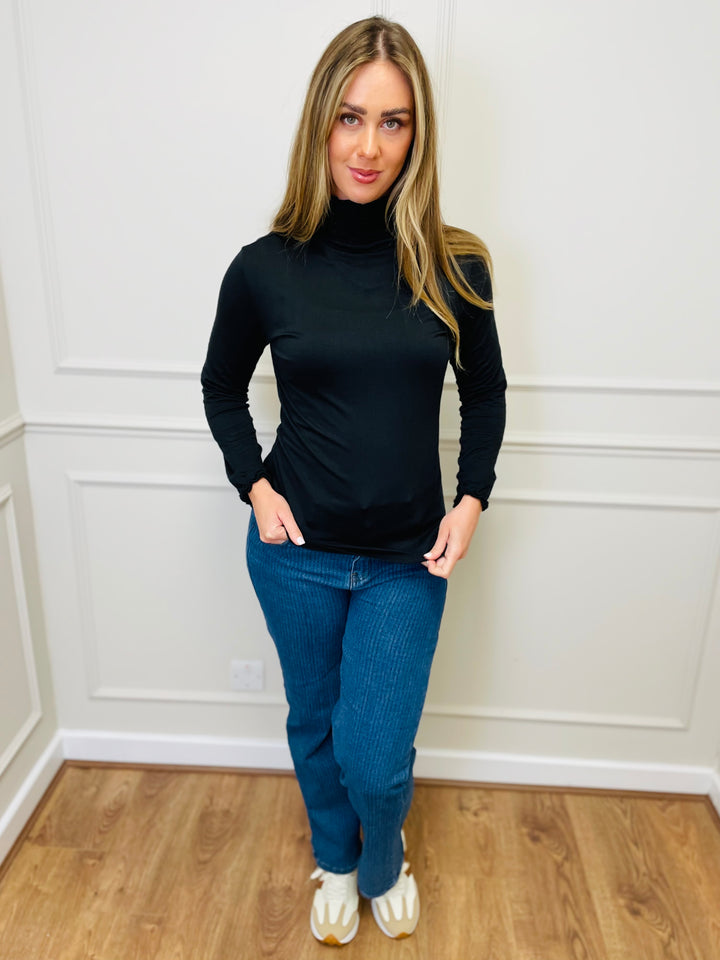"LIVIA" Ruffle Polo Neck Top-Black
