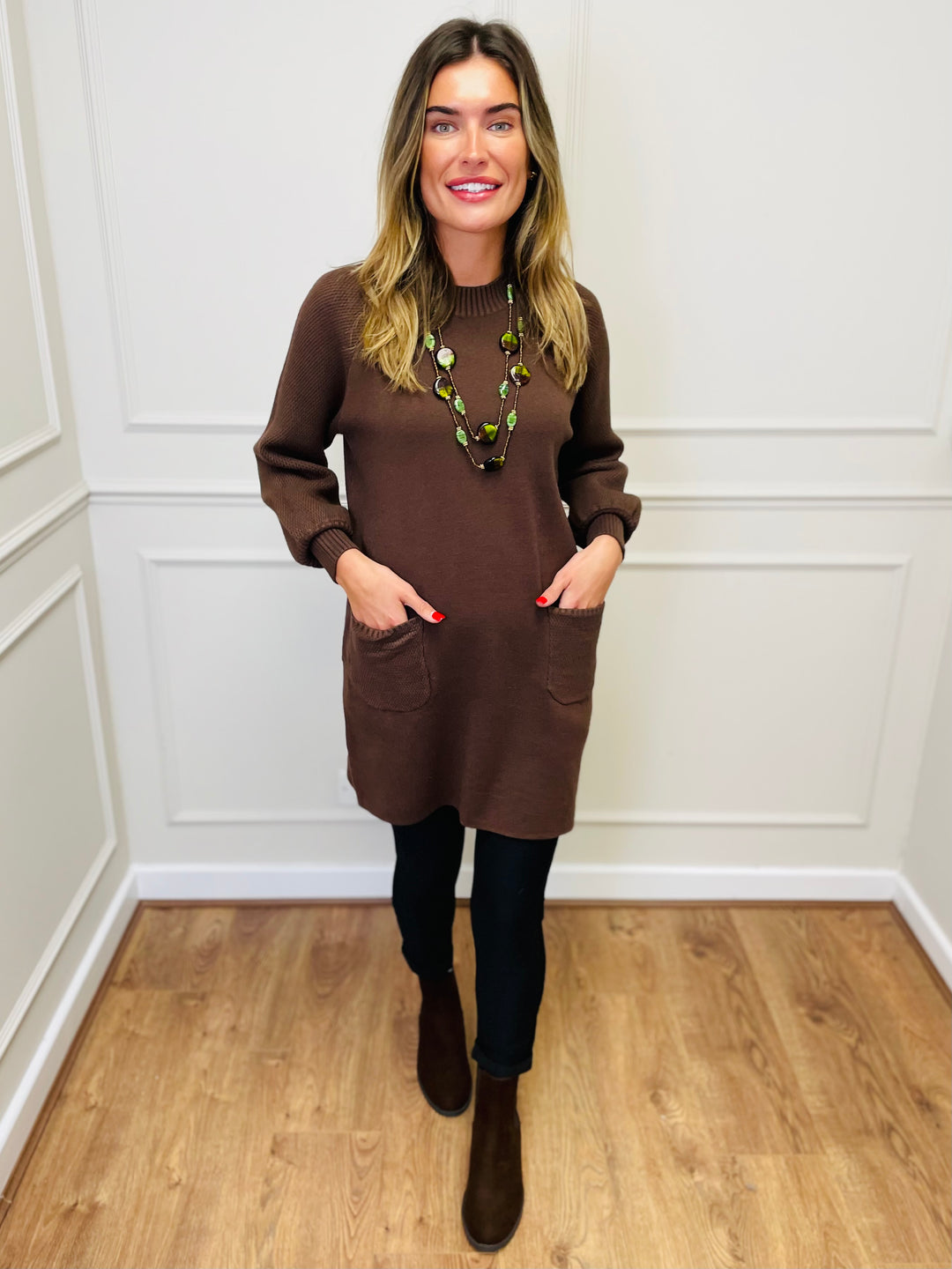 "TAYLOR" Pocket Knit Midi Dress-Brown