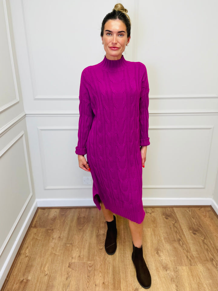 "ELY" Cable Knit Midi Dress-Magenta