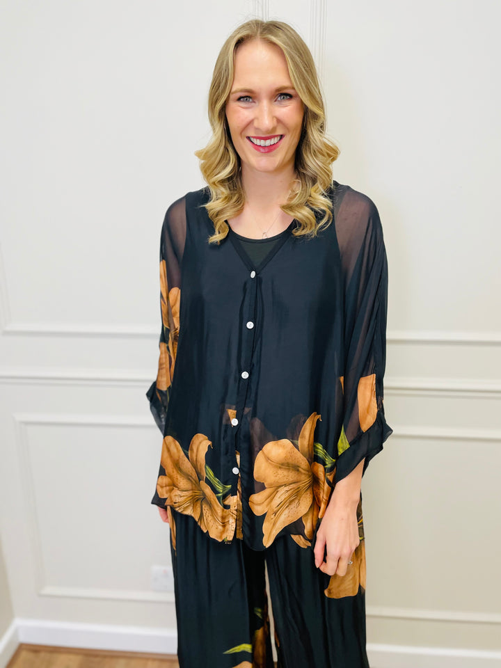 Floral Chiffon Co-Ord Set-Black & Orange