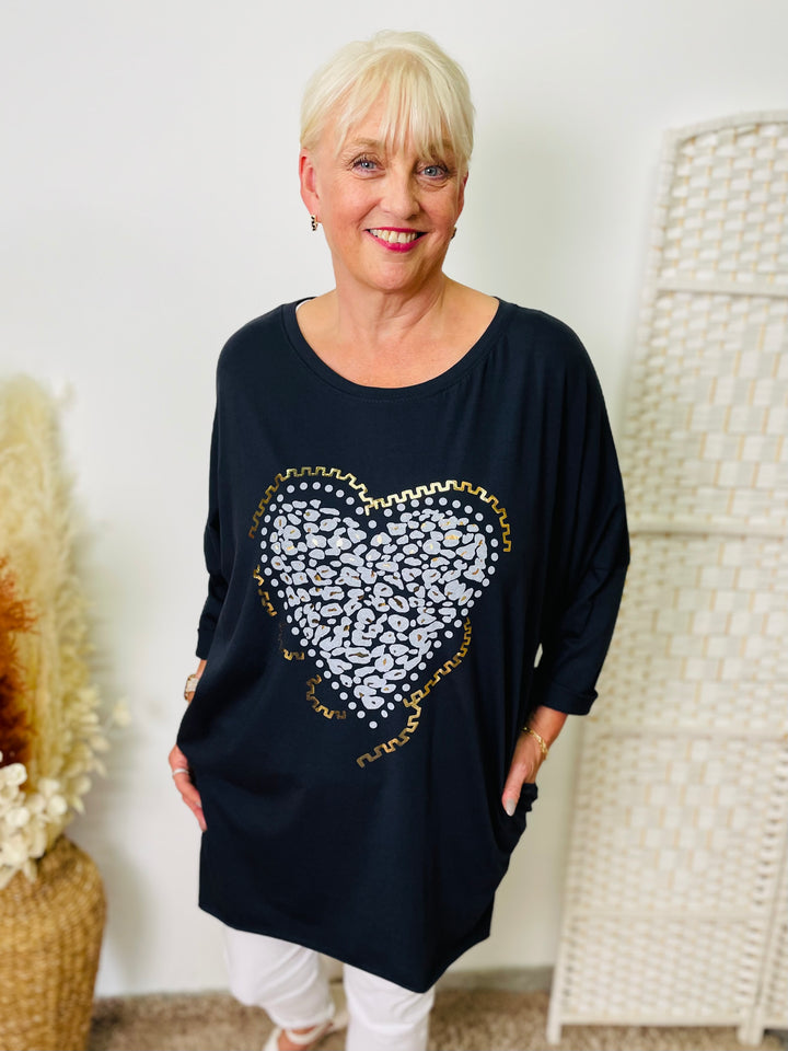 "GRACE" Heart Print Tunic-Navy