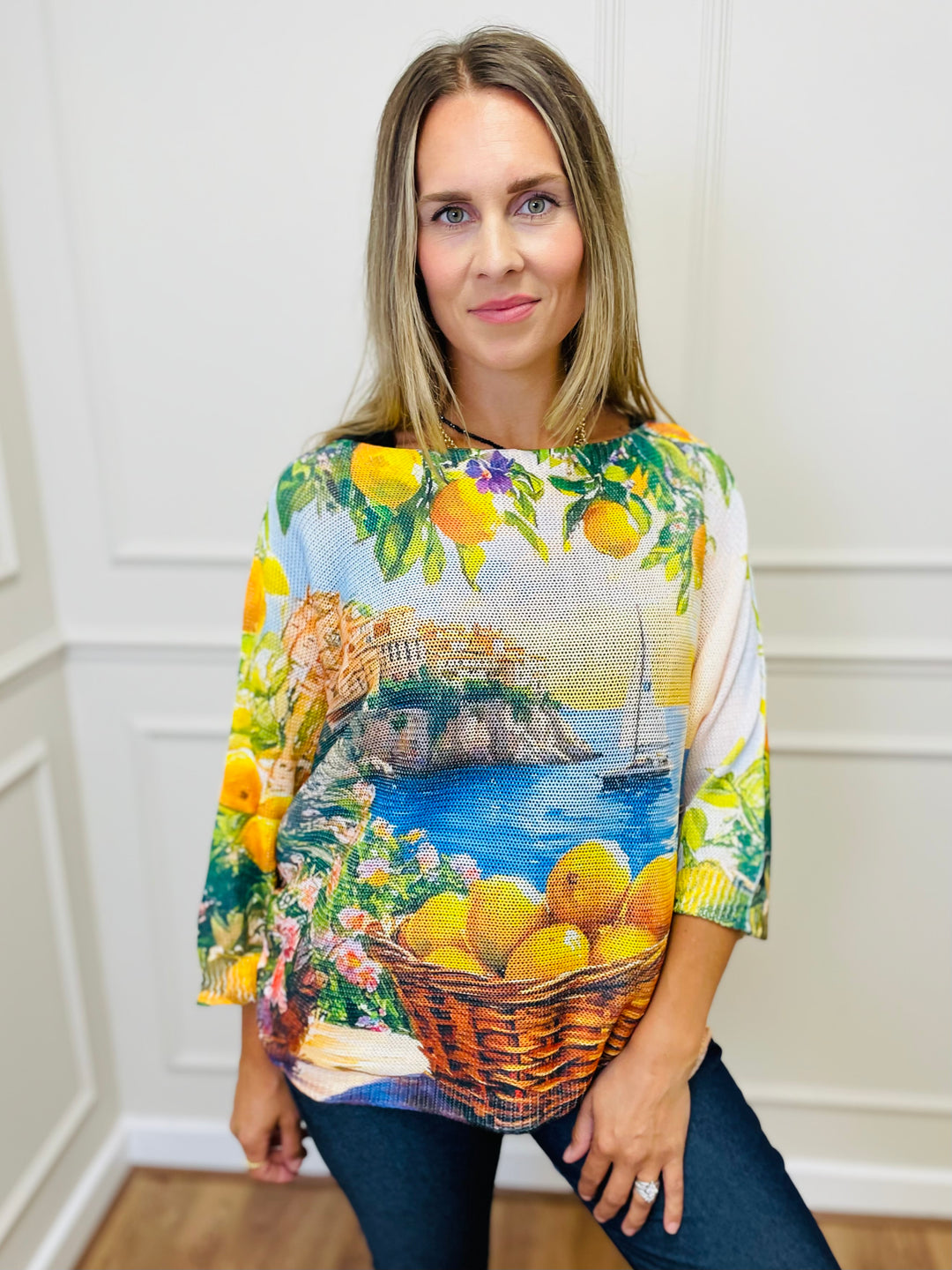 "THEA" Lemon Print Fine Knit Top-Multicolour