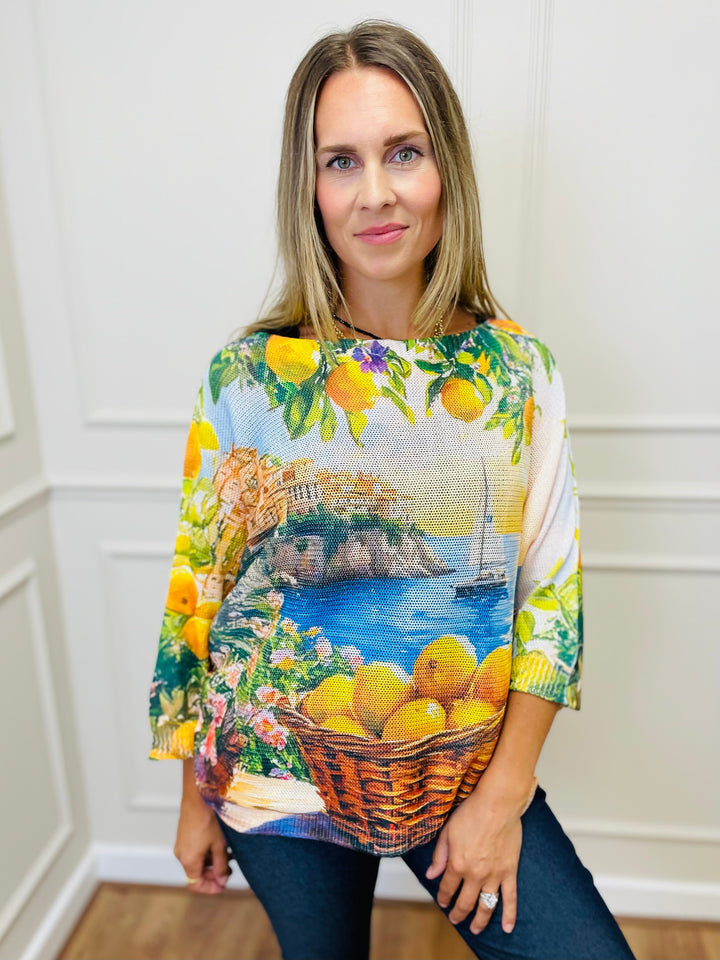 "THEA" Lemon Print Fine Knit Top-Multicolour